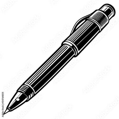 Black and white illustration of a pen isolated on white background