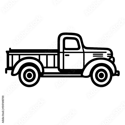 Classic vintage pickup truck vector illustration in black and white outline style for retro automotive and transport themes

