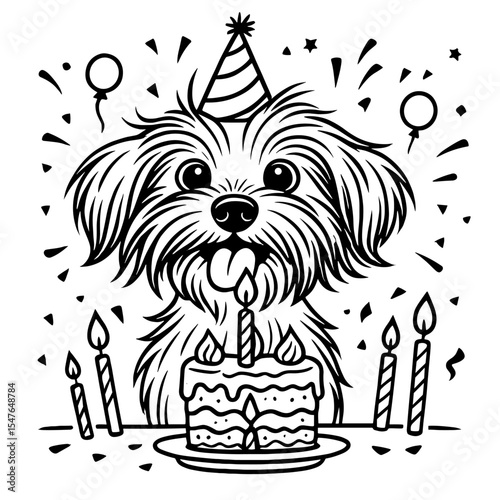 Cute dog birthday celebration vector illustration with cake, candles, balloons and party hat in black and white doodle style
