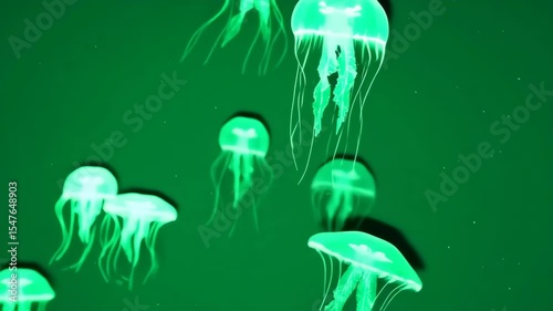 Glowing Green Jellyfish in Aquarium Tank.