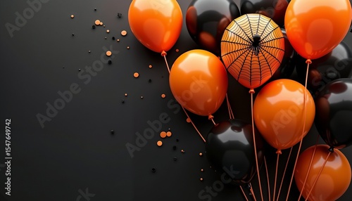 A collection of orange and black balloons arranged on a black background. Some balloons are round, and one has a decorative pattern. Confetti is scattered around.