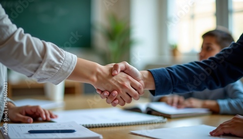 Two people shaking hands in a modern office setting. A diverse group of individuals is seated at a table with notebooks and a chalkboard in the background.