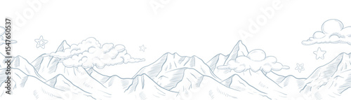 Vector border with clouds, stars, and mountain peaks in a dreamy linear style. Linear illustration of landscape for backgrounds in nursery design. Outline drawing for banner or childish wallpaper.