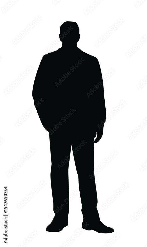 Obraz premium Silhouette of a man in a formal suit standing upright, minimalistic black graphic style on white background. Concept of anonymity, business, identity. Vector illustration