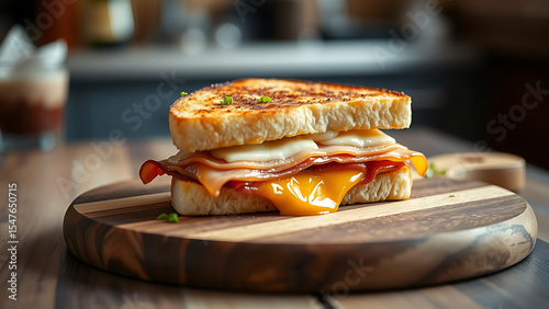 Hot croque monsieur French ham and grilled cheese sandwich on wooden board Fast food Tasty snack