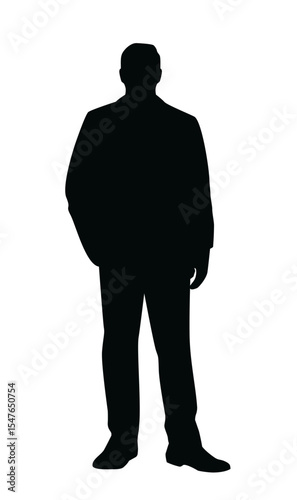 Silhouette of a man in a formal suit standing upright, minimalistic black graphic style on white background. Concept of anonymity, business, identity. Vector illustration