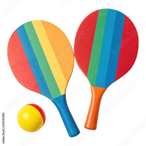 Colorful paddle rackets and yellow ball isolated on Rainbow paddle beach game equipment