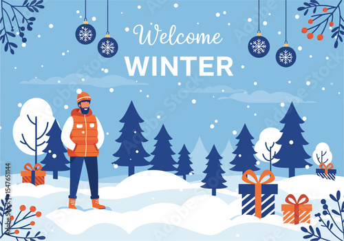 Celebrating welcome winter with snow forest, happy man, and gift box