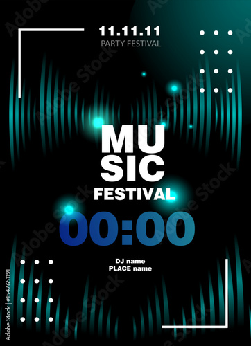 Music festival poster featuring glowing soundwave graphics, modern abstract style, on a dark background. Concept of electronic party event with DJ. Vector illustration