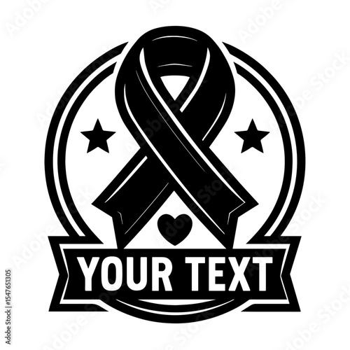 Black awareness ribbon emblem with customizable text banner, vector illustration, support and cause awareness symbol
