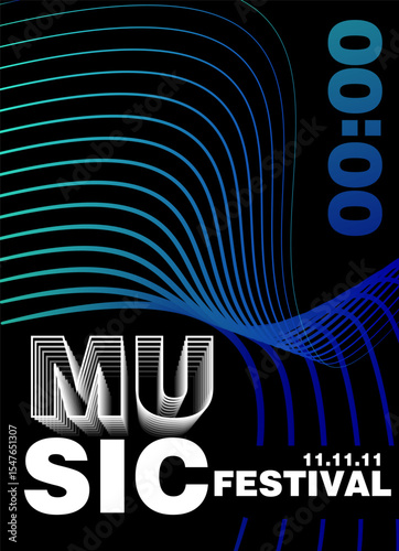 Abstract music festival poster design with layered text and flowing colorful wave lines on a black background. Concept of modern music and nightlife event. Vector illustration