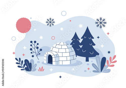 Snow forest landscape with ice house flat vector illustration