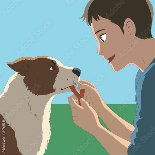 Bond of Compassion A Boy Feeding His Loyal Dog with Love and Care