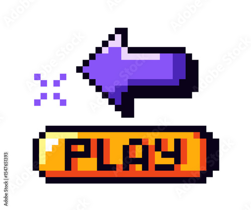 Purple pixelated arrow pointing left with orange play button in retro style on white background. Concept of gaming interface icon. Vector illustration
