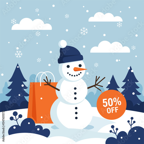 Cute vector snowman and Christmas tree illustration on a festive winter holiday
