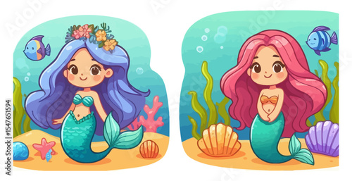 Cute Mermaid Retro Vector Illustration Set