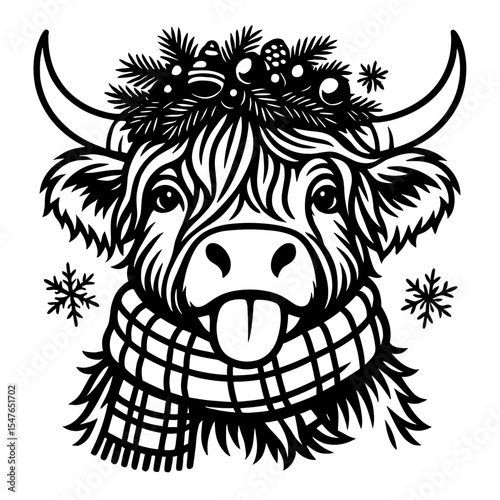 Funny black and white cartoon cow with scarf and tongue out, festive farm animal vector illustration
