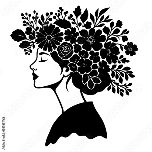 Black and white silhouette of a woman with floral hair design, artistic floral profile vector illustration
