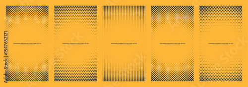 Assorted vector black yellow halftone pattern round frames set in vertical 9:16 aspect ratio including checkered semicircle, triangle, rhombus, square and dash grids. Various half tone textured design