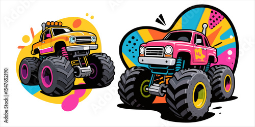 Vintage Monster Truck Retro Vector Illustration Set
