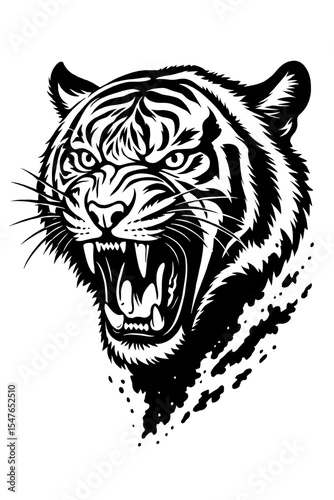 Roaring Tiger Head in Fierce Black and White Vector Illustration with Detailed Line Art
