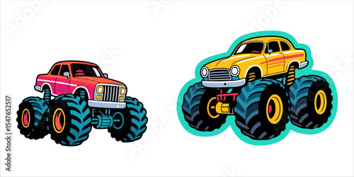 Vintage Monster Truck Retro Vector Illustration Set