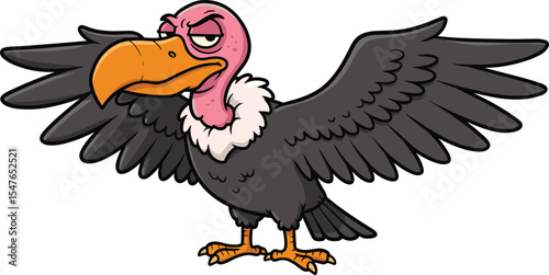 Angry cartoon vulture with open wings, funny scavenger bird illustration, wildlife character, vector animal art, isolated clipart design