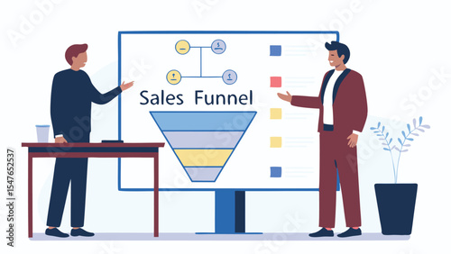 Two men presenting sales funnel diagram on a board with a table and plant in the background illustration