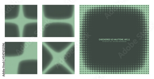 Assorted vector checkered rounded squares grid green halftone pattern set in square 1:1 aspect ratio including round frame and various textures. Varied modern half tone textured design elements bundle