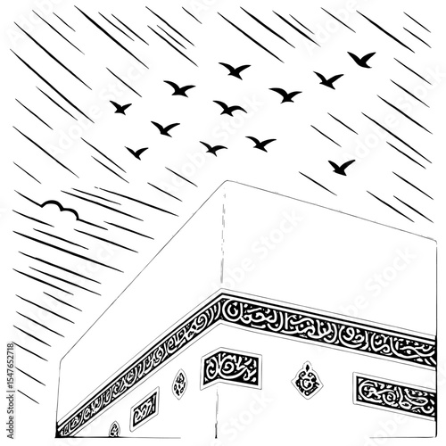 Kaaba with Flying Birds in Black and White Line Art Vector Islamic Illustration

