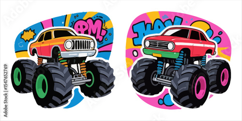 Cute Monster Truck Retro Vector Illustration Set