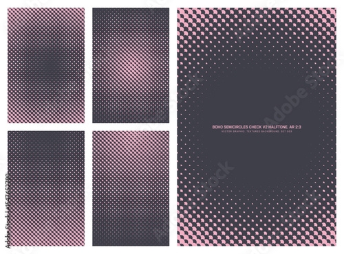 Assorted vector checkered semicircles boho angular grid black violet halftone pattern set in vertical 2:3 aspect ratio including round frame and various textures. Varied half tone design elements