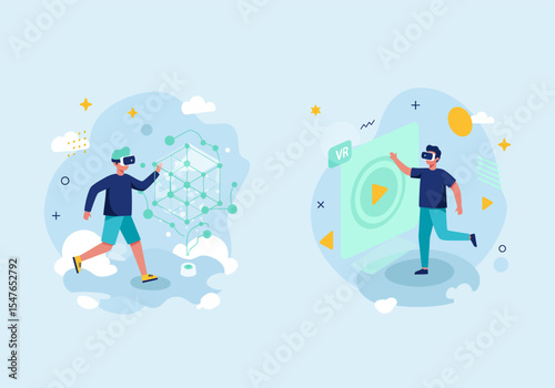 Vector illustration of two children trying out VR