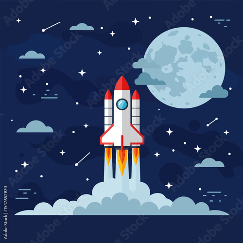 Cartoon rocket flying into space, flat design vector illustration