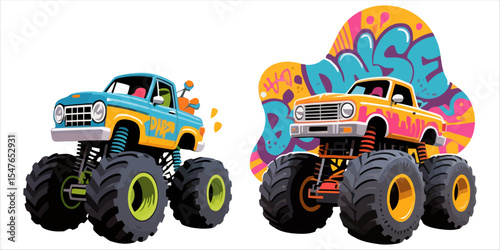 Cute Monster Car Retro Vector Illustration Set