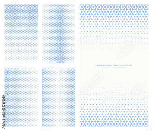 Assorted vector bow triangles hexagonal grid white blue halftone pattern set in vertical 9:16 aspect ratio including faded frame and various textures. Varied half tone graphics design elements bundle