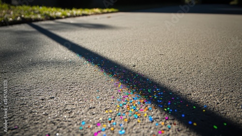 Colorful Glitter Spilled on Gray Concrete Surface with Long Shadow