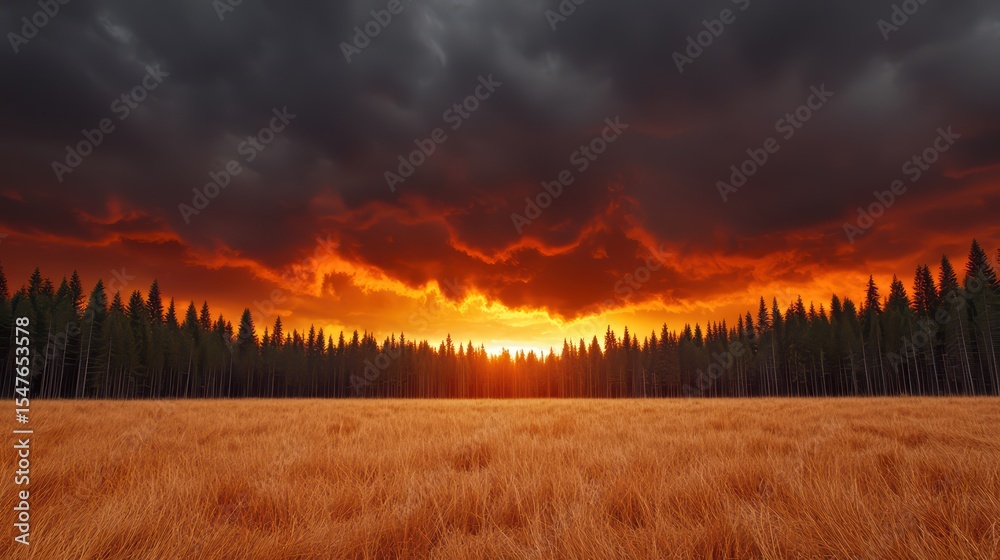 Fototapeta premium Majestic Sunset Over Lush Grassland and Dark Forest Under Dramatic Cloudy Skies