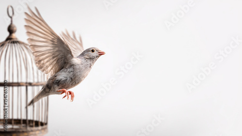 Bird flying out of cage head, white background