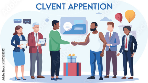 Group of diverse professionals celebrating a successful partnership with a handshake and gifts shown