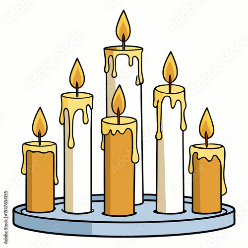 Cartoon Candles on a Tray Lit Flames Dripping Wax and Warm Colors.
