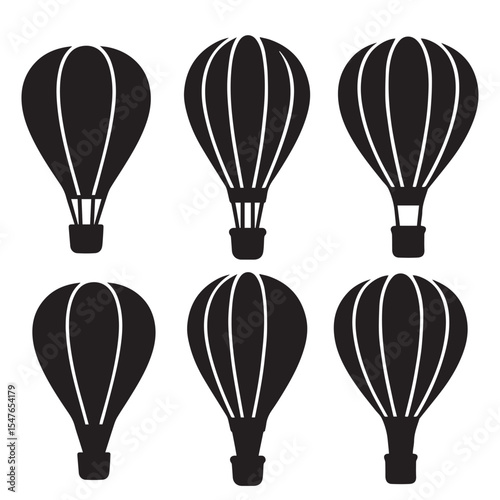 Six simple black hot air balloon silhouettes against a white background.