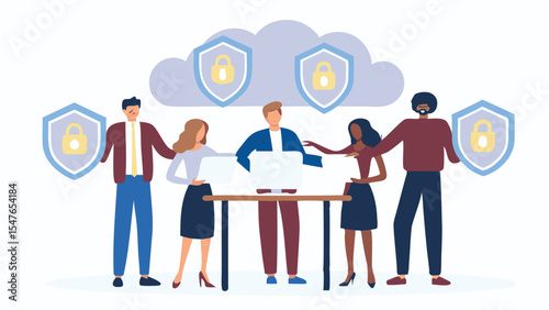 Team working on cloud security with shields and lock icons for data protection and privacy compliance