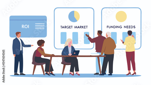 Diverse team discussing roi target market and funding needs in a business meeting presentation setting