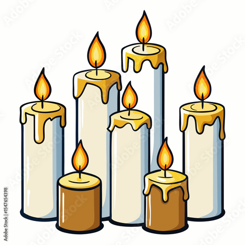 Group of Cartoon Candles with Melted Wax and Flames.