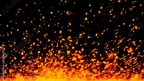 Dynamic Fire Sparks Rising Against Black Backdrop, Intense Heat and Energy.