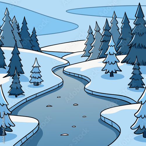 Stylized Winter River Scene with Snowy Banks and Blue Pine Trees.