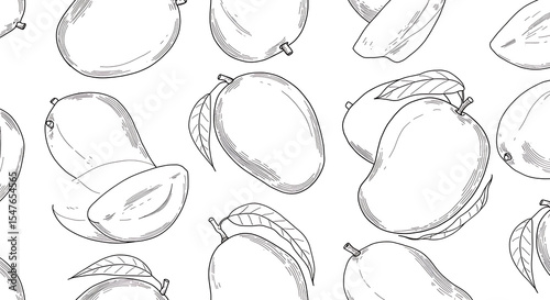 Seamless pattern of hand-drawn mangoes, whole and sliced, with leaves, in a monochrome sketch style.