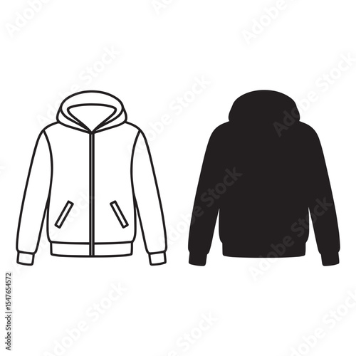 Two variations of a hooded zippered jacket outlined in a simple style.