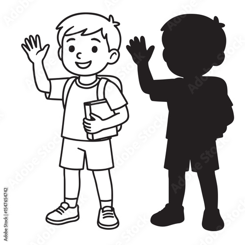 Smiling schoolboy waving, outline and silhouette design.